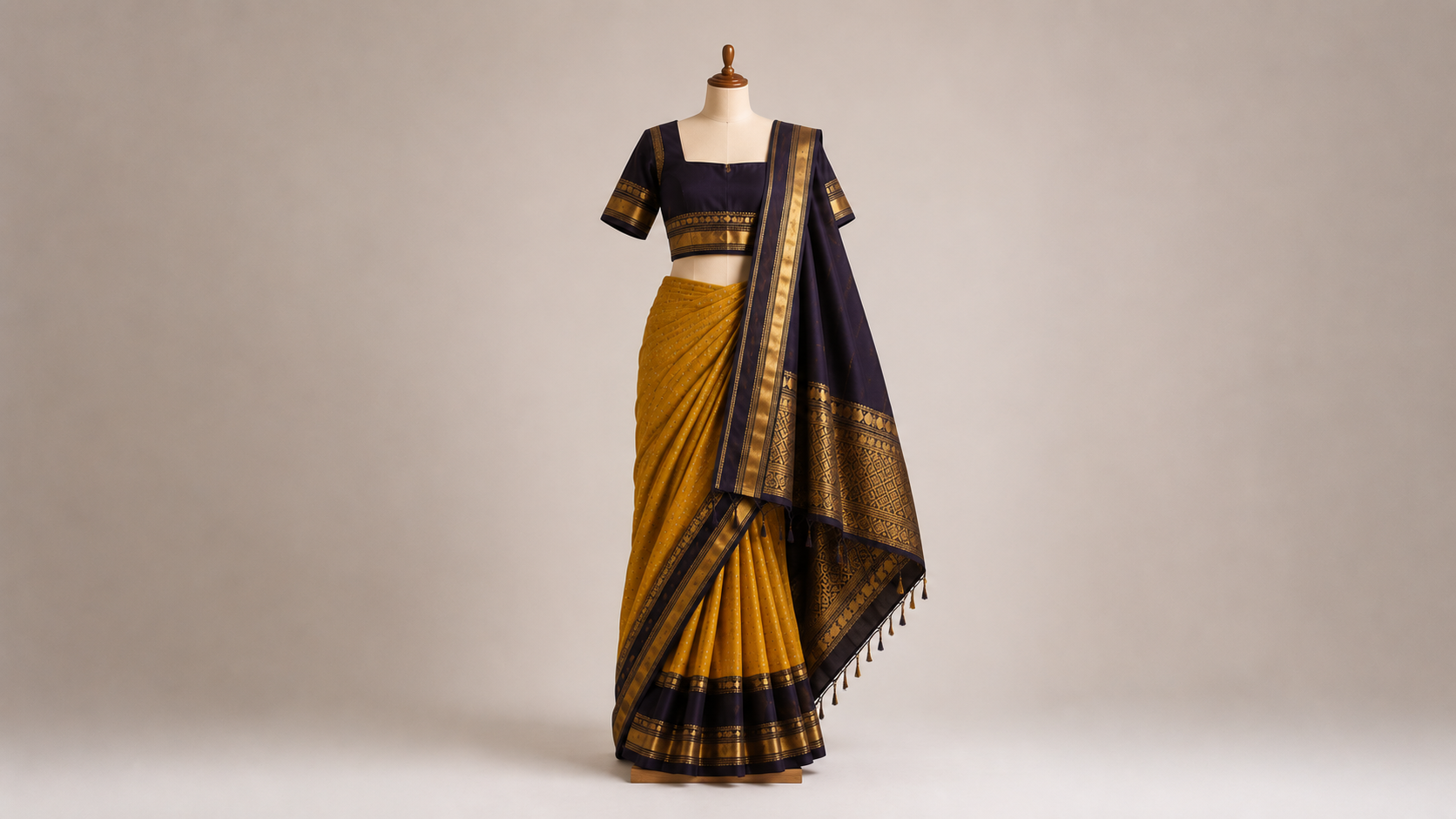 Mustard Yellow & Navy Traditional Silk Saree